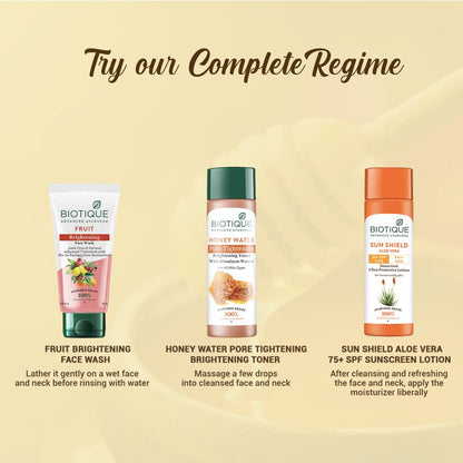 Biotique skincare products with product descriptions on a beige background