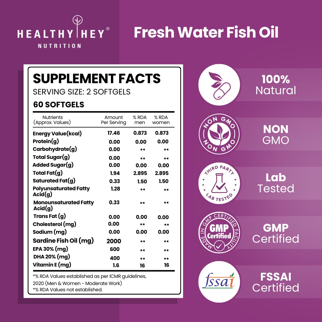 Supplement facts label for Fresh Water Fish Oil by Healthy Hey Nutrition on a purple background.