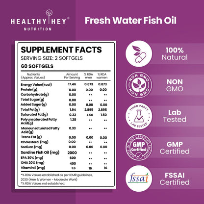 Supplement facts label for Fresh Water Fish Oil by Healthy Hey Nutrition on a purple background.