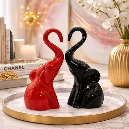 CraftVatika Home Décor Elephant Couple Showpiece Statue for Good Luck Fengshui, Decorative Items Figurine for Home Decoration Living Room Bedroom Housewarming Wedding Gift (Set of 2, Red & Black)