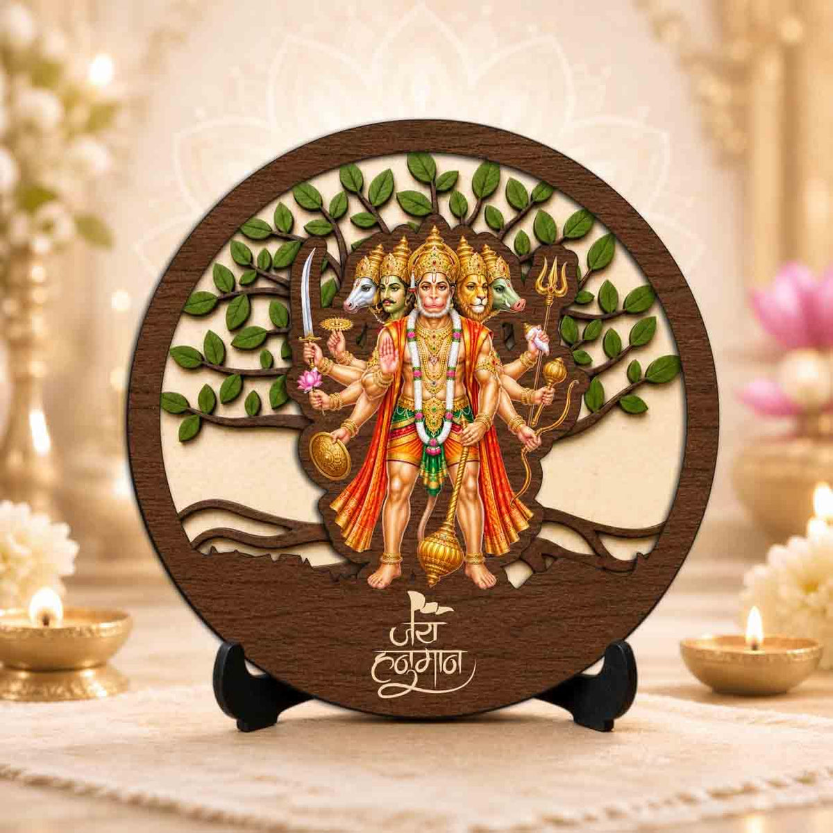 Plan To Gift Panchmukhi Hanuman Ji Premium Wooden God Idol for Indoor Temple, Living Room Shelf, Work Desk & Puja Decor - 5x5 Inch