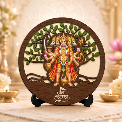 Plan To Gift Panchmukhi Hanuman Ji Premium Wooden God Idol for Indoor Temple, Living Room Shelf, Work Desk & Puja Decor - 5x5 Inch