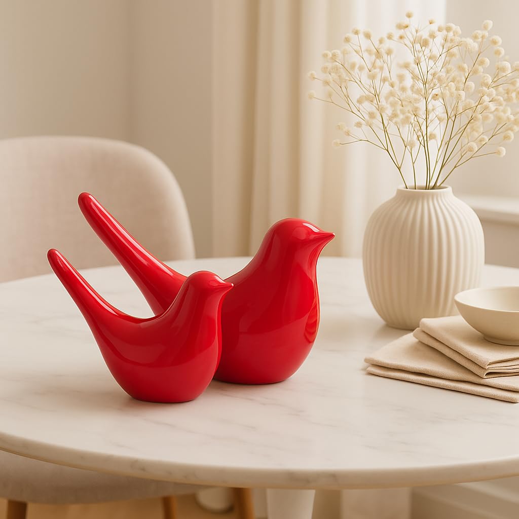 Creative Red Glossy Ceramic Birds Figurines Home Decorations Accessories Party (Pack of 2, RED)