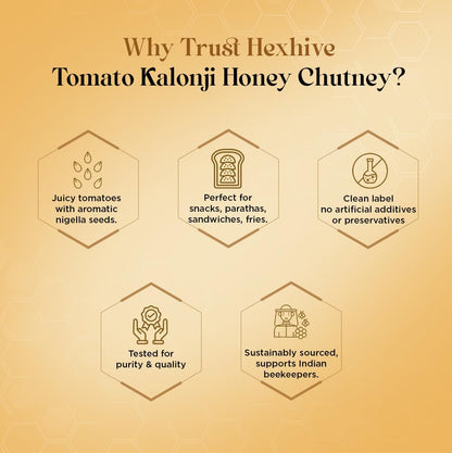 Hexhive Tomato Kalonji Honey Sauce | Tangy Tomato Spread with Raw Honey & Nigella Seeds | No Refined Sugar | Healthy Ketchup Alternative | Dip for Snacks, Parathas, Sandwiches, Fries | 430g