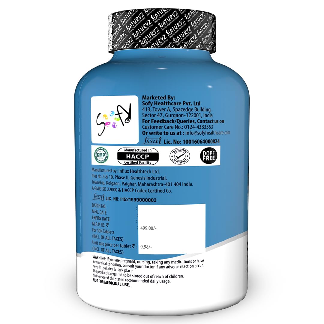 Blue supplement bottle with white label on a white background