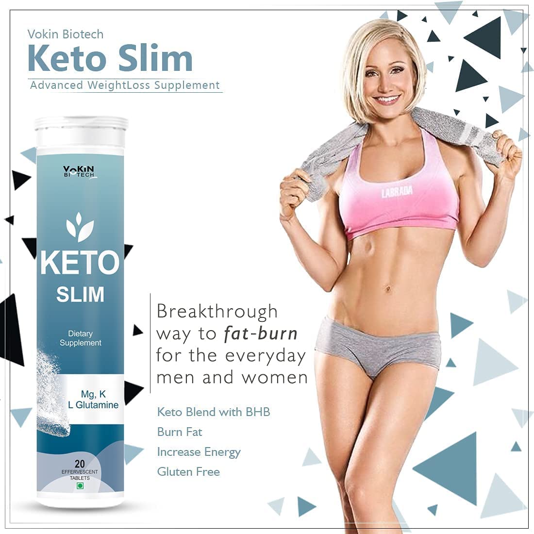 Keto Slim supplement packaging with a woman in athletic wear on a geometric patterned background