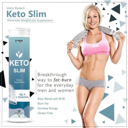 Keto Slim supplement packaging with a woman in athletic wear on a geometric patterned background
