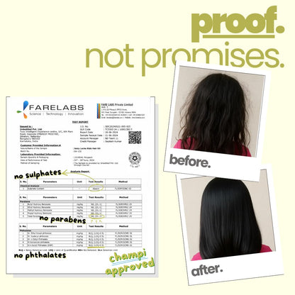Before and after hair comparison with a product label on a light yellow background