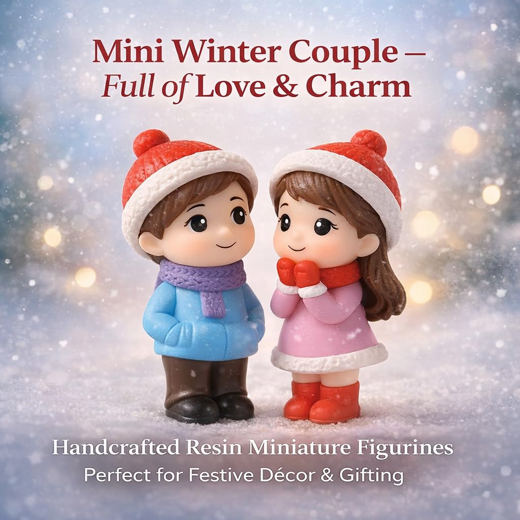 Resin Winter Couple Miniature Figurines (2 Pcs) – Handcrafted Romantic Winter Decor | Cute Christmas & Valentine Gift | Mini Tabletop, Shelf & Car Dashboard Display