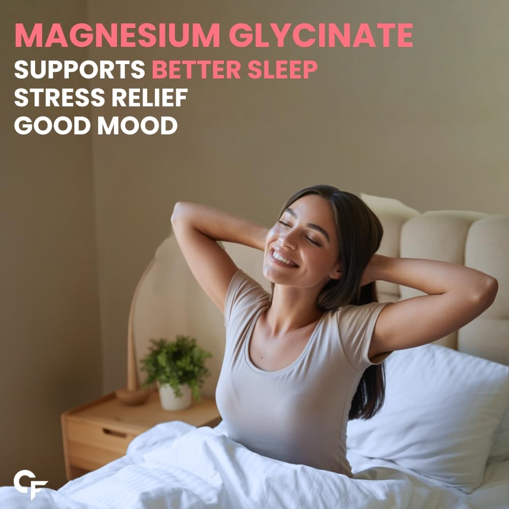 Woman stretching in bed with text about magnesium glycinate benefits