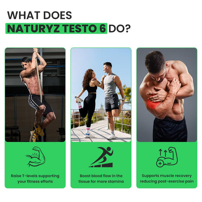 Promotional graphic for Naturyz Testo 6 with images of people exercising and text about product benefits.