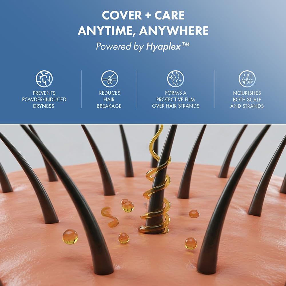 Hair care product with text 'Cover + Care Anytime, Anywhere' by Hyaplex on a blue background.