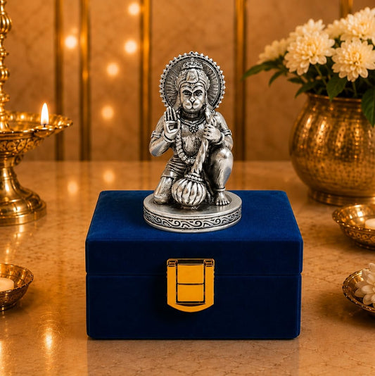 Gold Art India Hanuman Idol 999 Silver Plated | 2.8 Inch Antique Matte Bajrangbali Murti with Velvet Gift Box for Home Temple, Office Desk & Car Dashboard