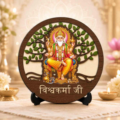 Plan To Gift Vishwakarma Ji Table Top Wooden Idol/Murti for Mandir Decoration, Office Desk & Festive Gift - 5x5 Inch