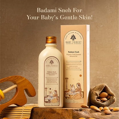 Baby forest Badami Sneh organic product on a wooden surface with a brown background