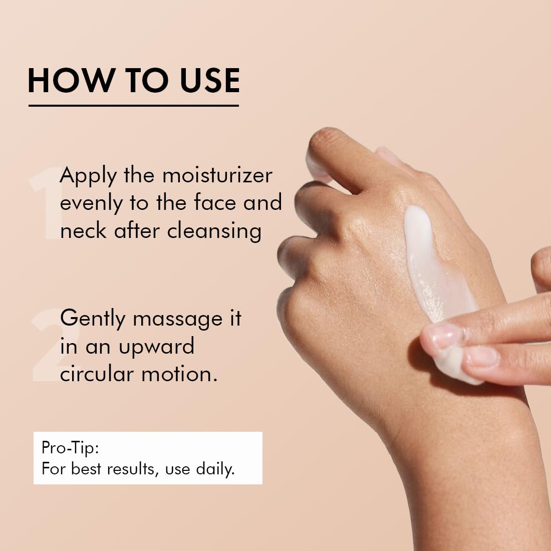 Hand applying moisturizer with text on how to use it on a beige background
