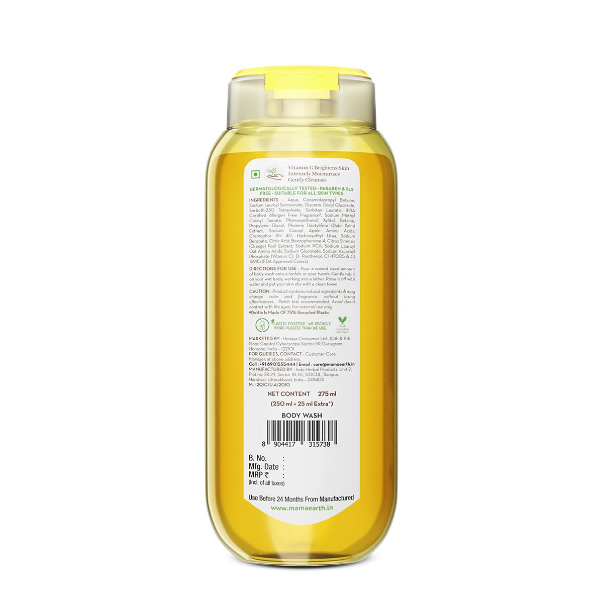 Mamaearth Vitamin C Moisturizing Body Wash with Vitamin C & Refreshing Lemon Scent for Skin Illumination- 275ml|Deeply Cleanses|Intensely Moisturizes|Long-Lasting Fragrance|Radiant Glow|All Skin Types