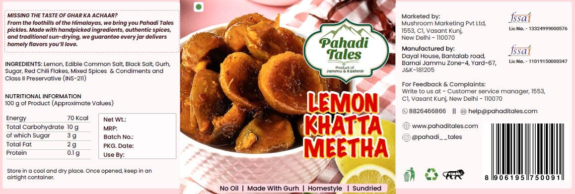 Pahadi Tales Lemon Pickle 250g | Nimbu Khatta Meetha Achar | No Oil, Made with Gurh (Jaggery) | Sundried Homestyle Pahadi Achaar | Ghar Ka Achar | Made in Jammu & Kashmir