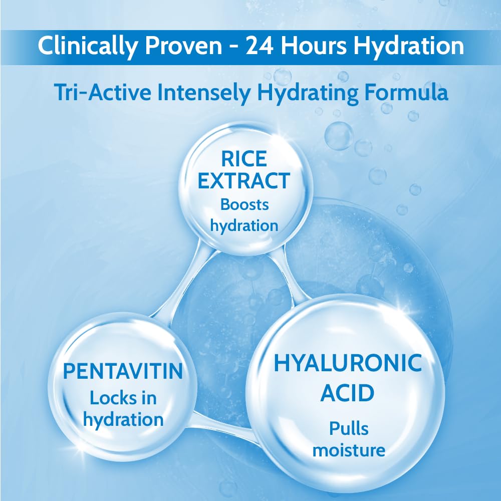 Product advertisement with rice extract, pentavitin, and hyaluronic acid on a blue background