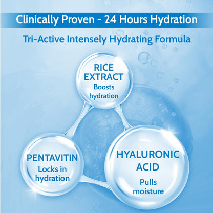 Product advertisement with rice extract, pentavitin, and hyaluronic acid on a blue background
