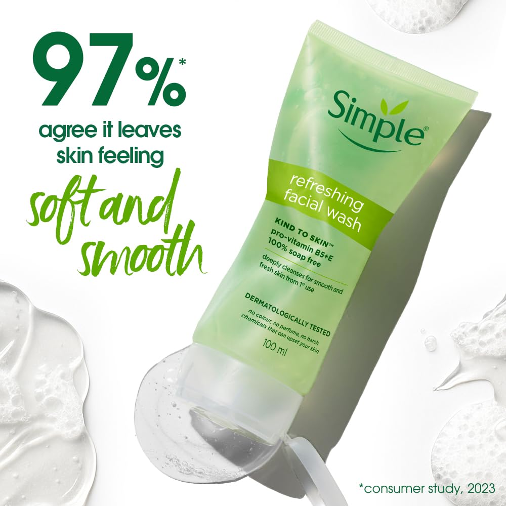Simple Kind to Skin Refreshing Facial Wash | 100% Soap-Free Gentle Cleanser with Vitamin E & Glycerin | For All Skin Types | Perfect for Sensitive Skin, 100ml