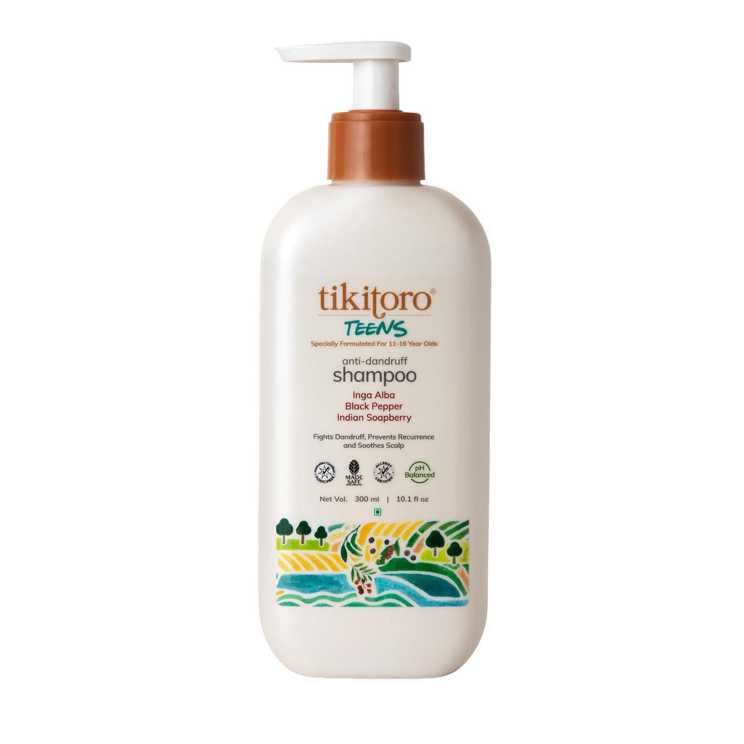 Tikitoro Teens Anti-dandruff Shampoo 100% Vegan with Aloe vera, Provitamin B5, Hibiscus, Rice Protein, Cleanses Scalp, Conditions Hair No Parabens & Sulphates (300ml x 1)