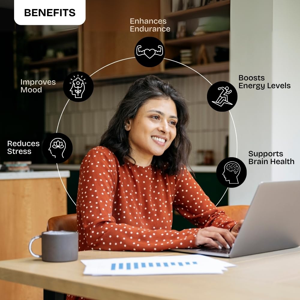 Woman using a laptop with health benefits displayed around her