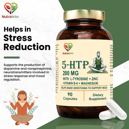 Nutraliebe 5-HTP 200mg with L-Tyrosine, Zinc, Vitamins B6 & B9, Magnesium, Ashwagandha, Green Tea Extract - 90 Capsules for Mood, Relaxation, and Cognitive Support