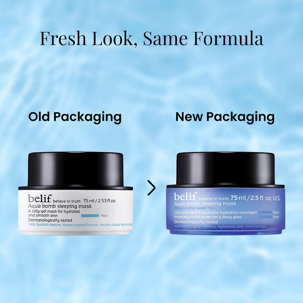 Comparison of old and new packaging for a belif Aqua bomb sleeping mask on a blue water background.