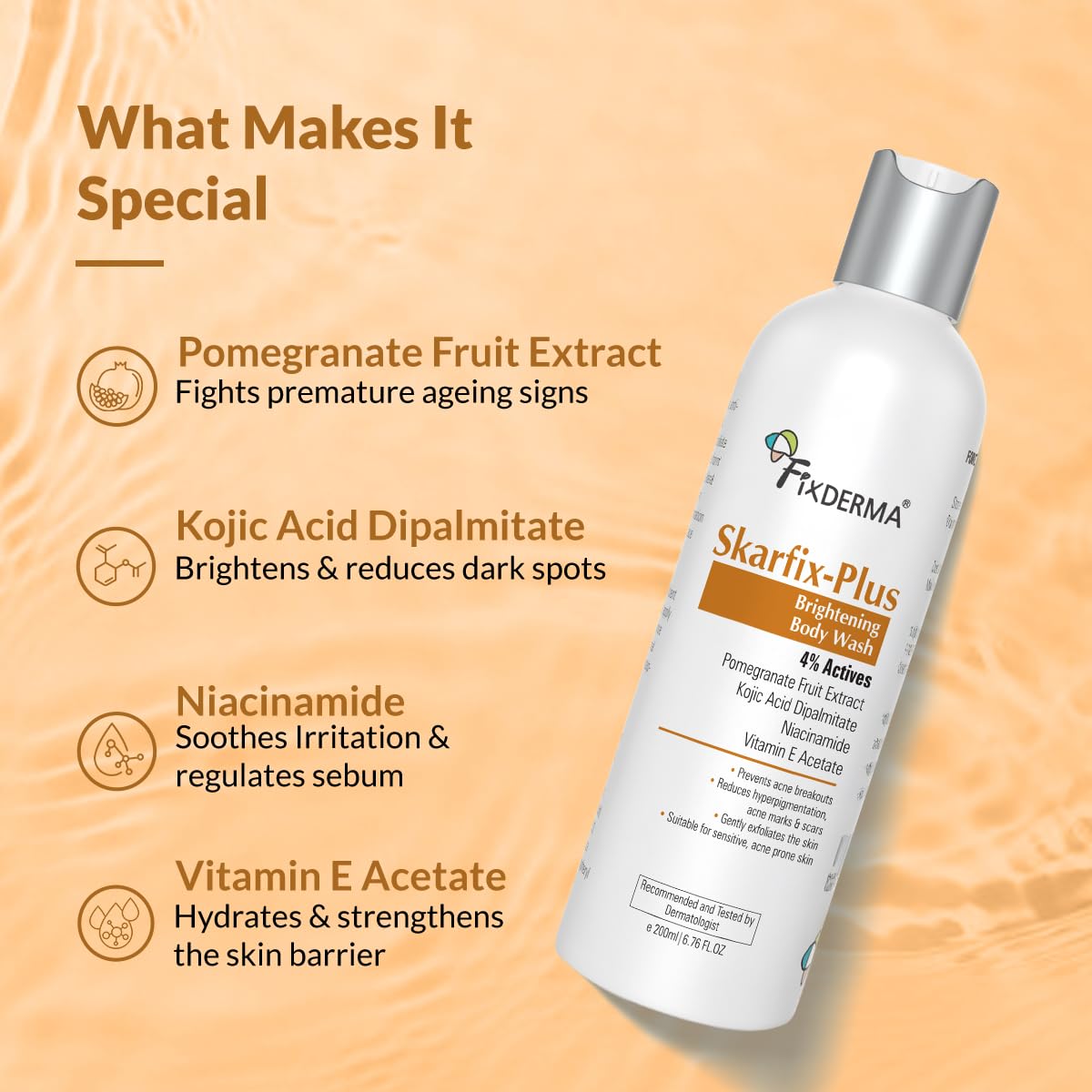 Fixderma Skarfix Plus Brightening Body Wash with 4% Actives (Kojic Acid, Niacinamide Acid, & Vitamin E) | Skin Brightening Body Wash Shower Gel Women & Men | For Hyperpigmentation & Acne Marks - 200ml