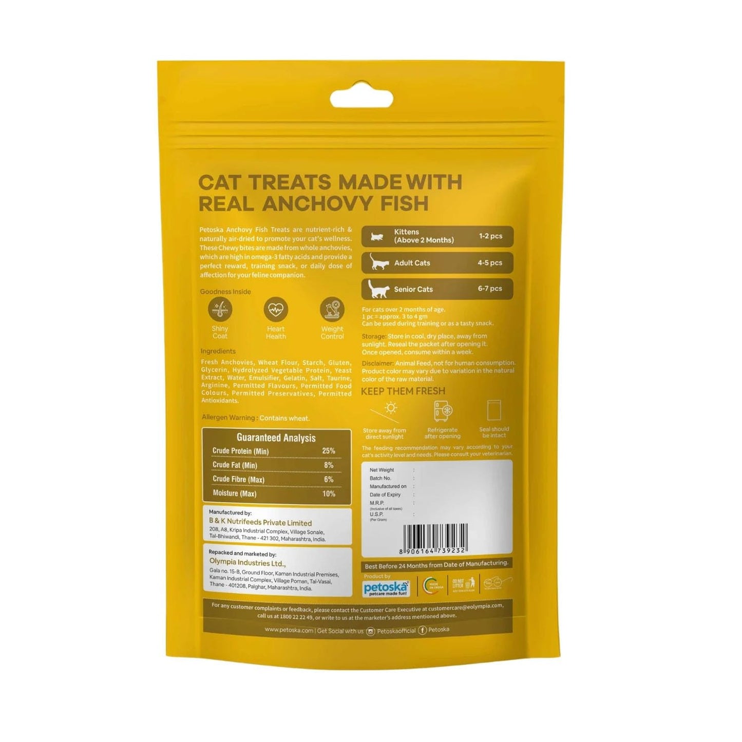 Petoska Anchovy Fish Cat Treats - 100g | Air-Dried Real Anchovy Bites with Taurine & Omega-3 | Chewy High-Protein Snack for Shiny Coat, Heart Support & Weight Control | for Kittens & Adult Cats