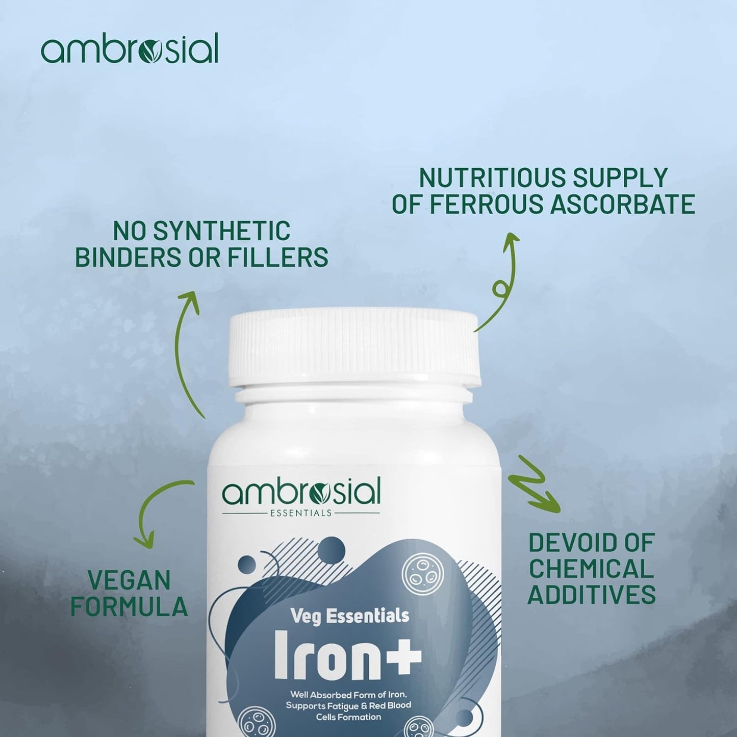 Ambrosial Iron+ supplement bottle with product features on a light blue background