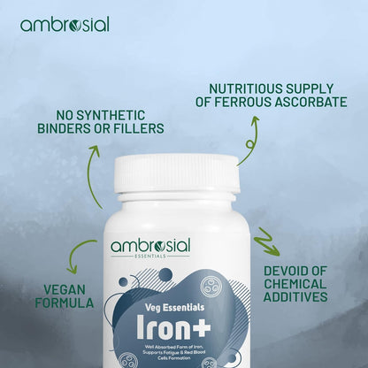 Ambrosial Iron+ supplement bottle with product features on a light blue background
