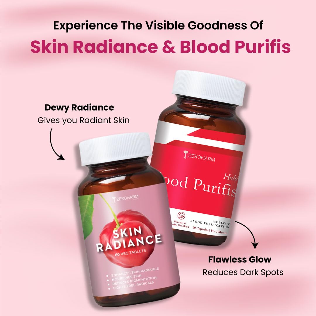 ZEROHARM Skin Radiance Supplement | L-Glutathione, Acerola Cherry Extract (Vitamin C), Biotin & E for Skin Whitening | Skin Glow, Reduce Dark Spots, Brighten & Hydrate Skin | Men & Women | 60 Tablets