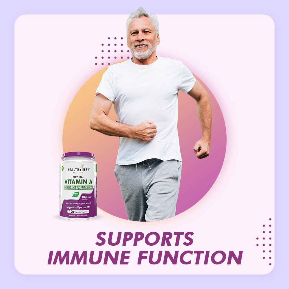 Man running with a supplement bottle labeled 'Healthy Way Vitamin A' on a colorful background