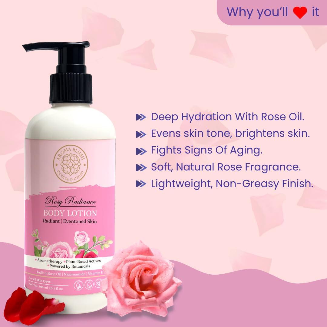 Body lotion bottle with pink label on a pink floral background