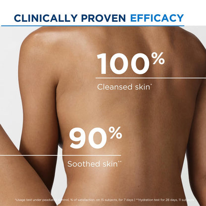 Clinically proven efficacy claim on skin with percentages for cleansed and soothed skin.
