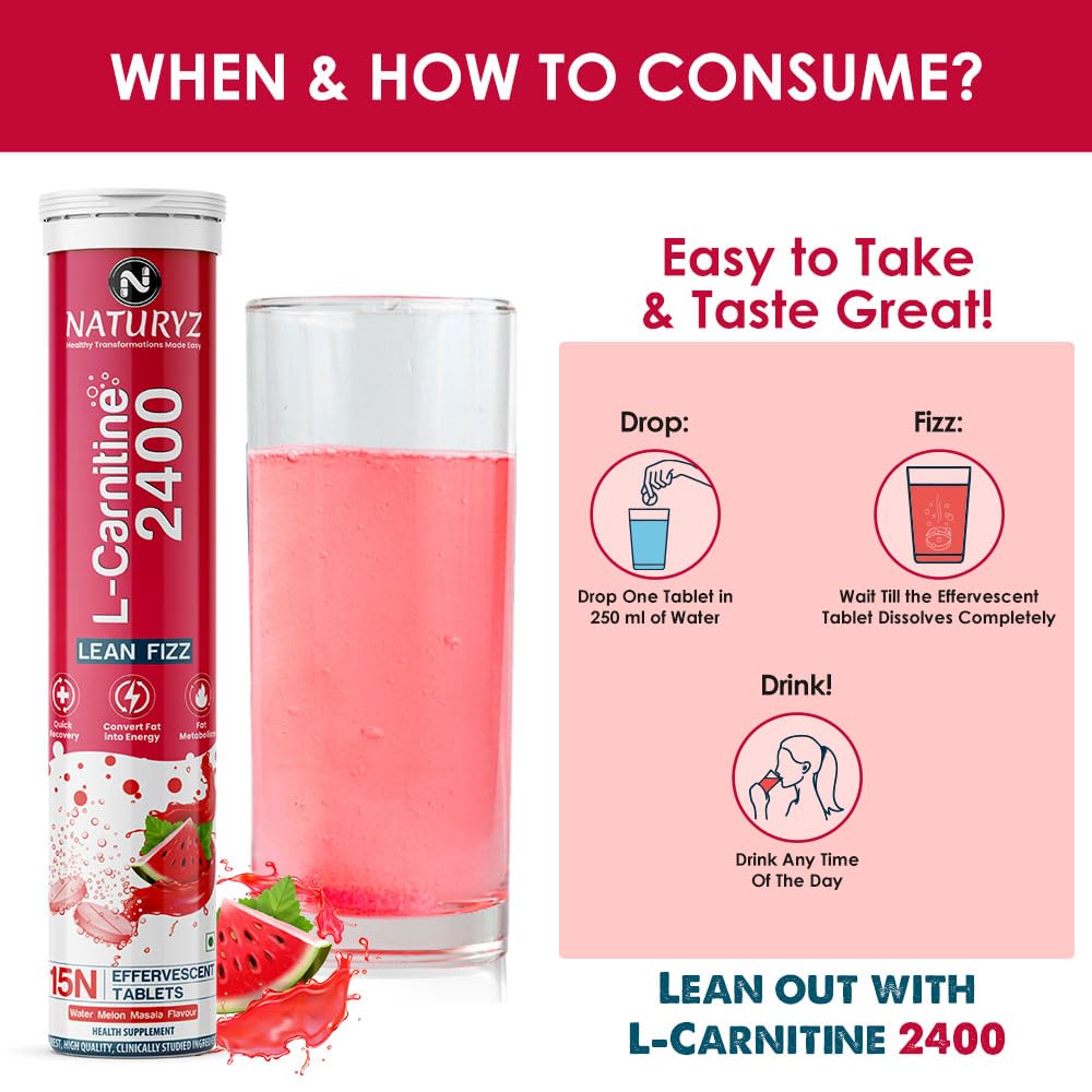 Naturvz L-Carnitine 2400 supplement with a glass of pink drink and consumption instructions on a red background.