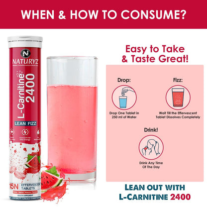 Naturvz L-Carnitine 2400 supplement with a glass of pink drink and consumption instructions on a red background.