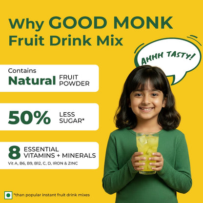 Good Monk Fruit Drink Mix (Natural Pineapple Powder), 50% Less Sugar with 8 Vitamins & Minerals (Vitamin B12, C, D, Iron & more) | Tasty & Healthy Drink Mix for Hydration, Energy, Immunity, 10 Serves