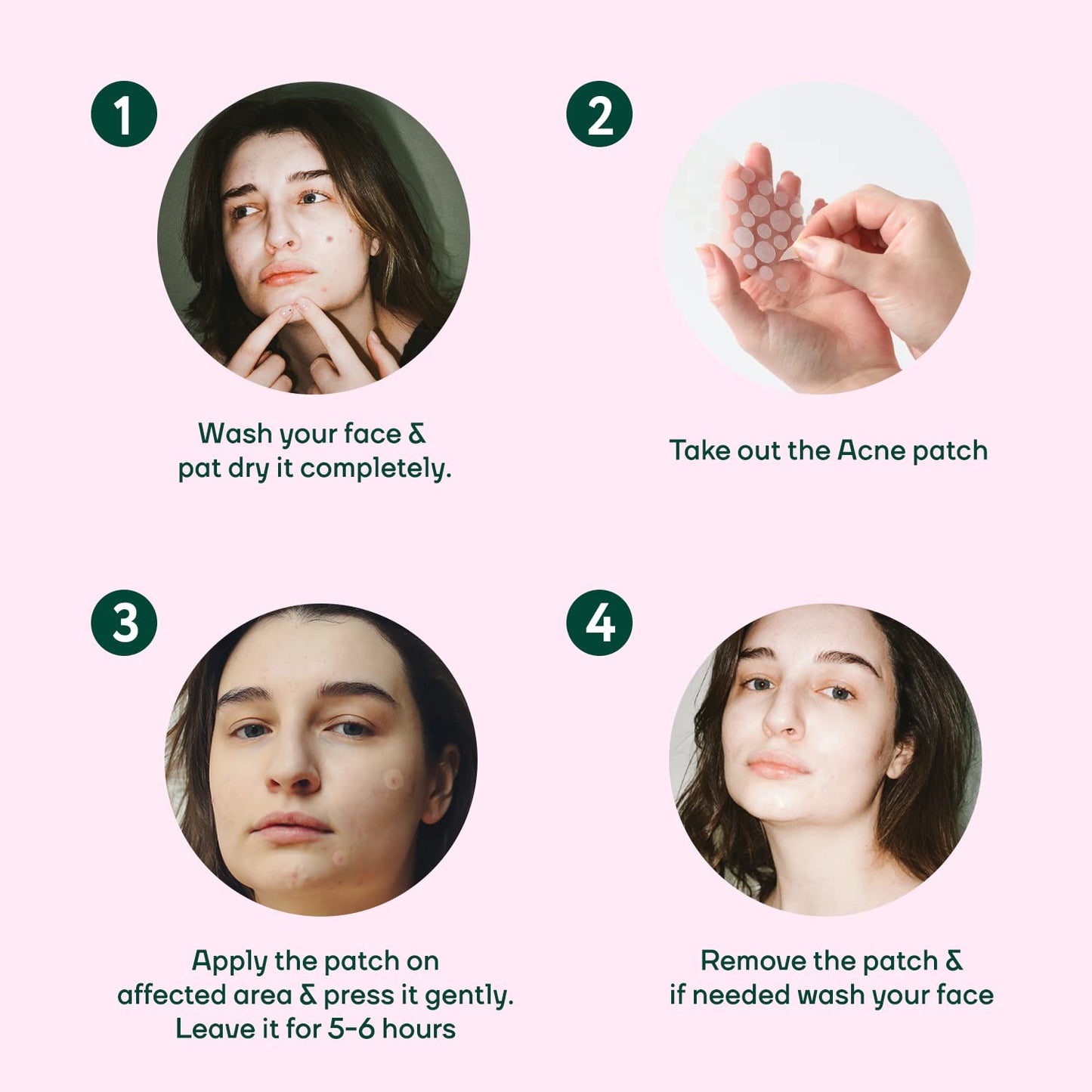 Step-by-step guide on using acne patches with images and text instructions.