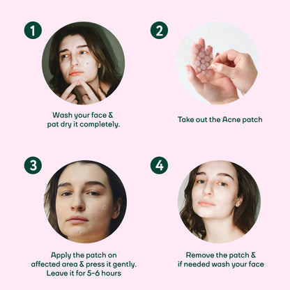 Step-by-step guide on using acne patches with images and text instructions.