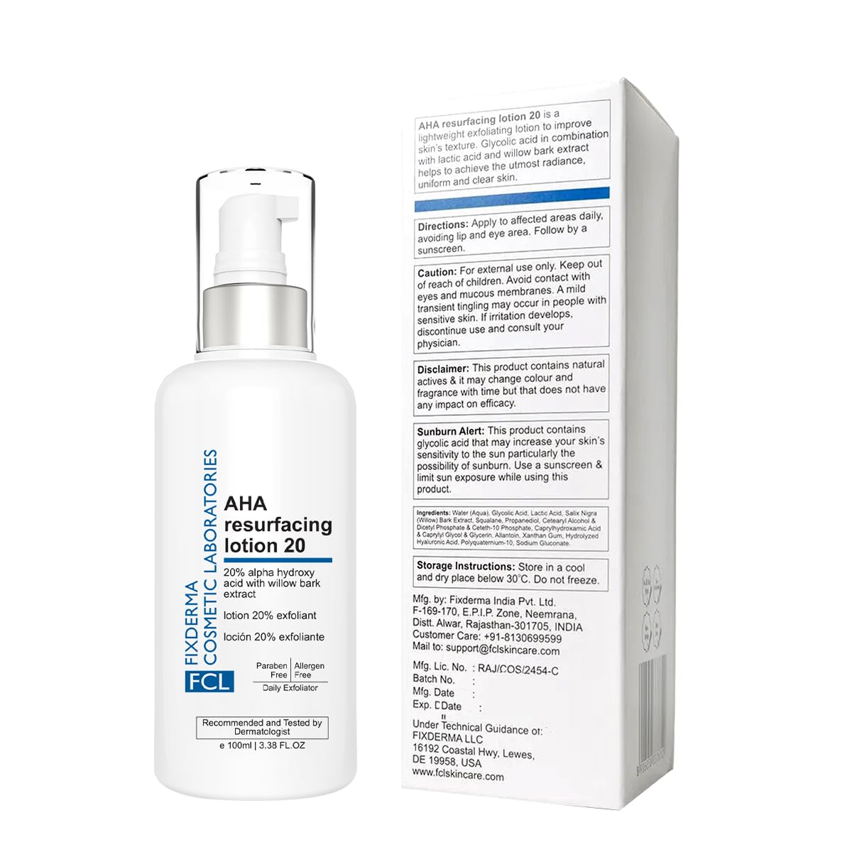 FCL Glycolic Acid AHA 20 Lotion For Body And Face | Dead Skin Remover | Paraben Free AHA Exfoliating Lotion For Dry, Itchy And Rough Skin - 100ml