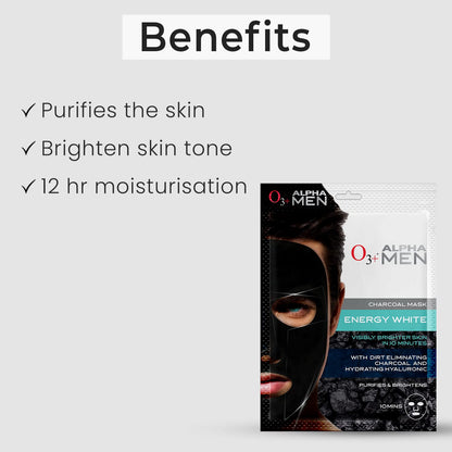 O3+ ALPHA MEN Energy White Charcoal Face Sheet Mask 30g with Charcoal & Hydrating Hyaluronic to Purify & Brighten Skin
