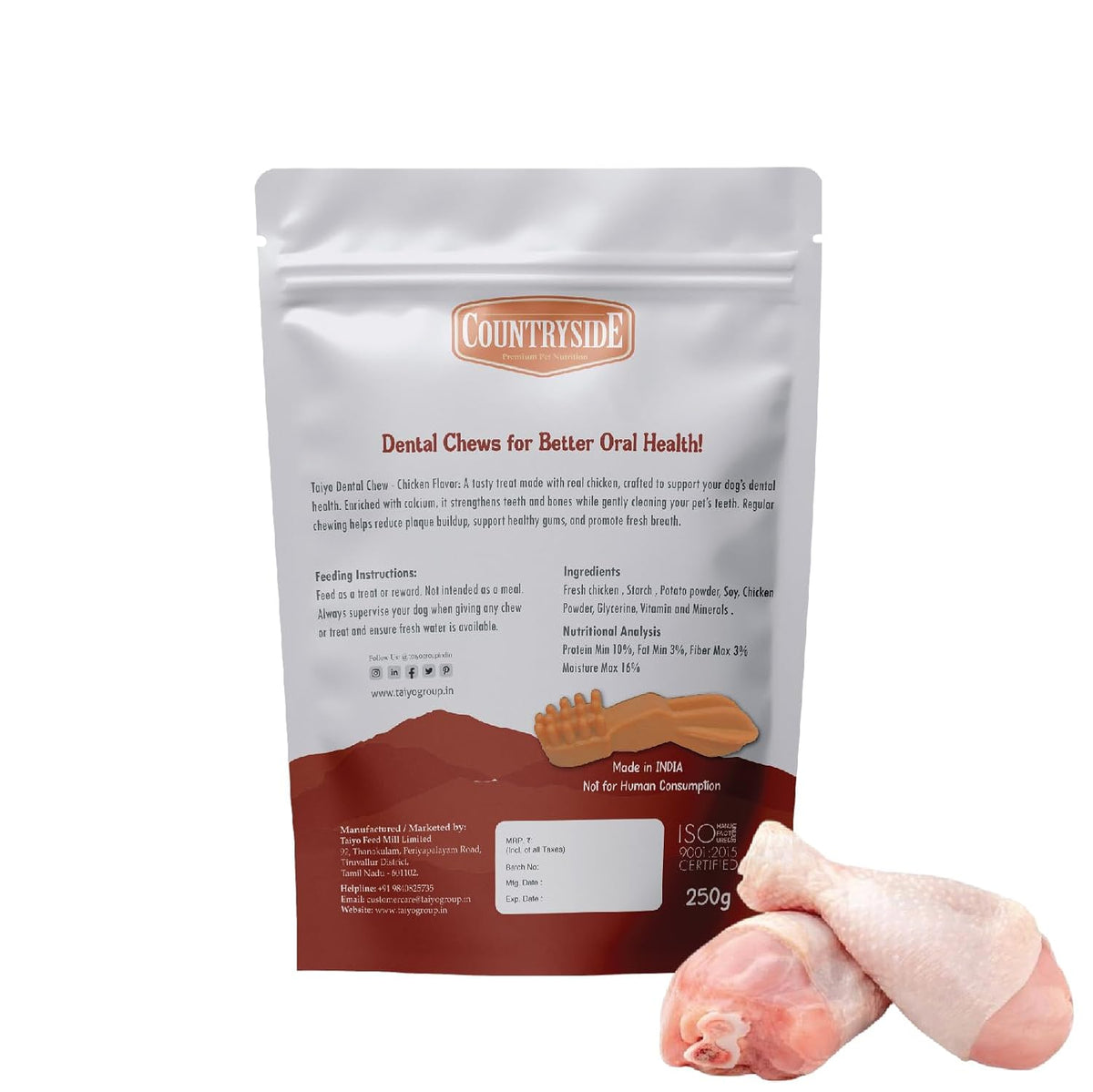 COUNTRYSIDE Dog Dental Chews Treats 250g – Chicken Flavor | Brush-Shaped Chews for Dogs, Oral & Gum Care for Dogs | Fights Plaque & Tartar | Freshens Breath | Calcium Enriched & Gluten Free