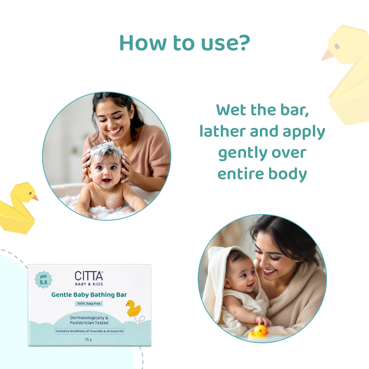 CITTA Bathing Bar for Babies & Kids | Soap-Free, No Tears | Dermatologist Approved pH Balanced Wash for Sensitive Skin | Gentle Moisturizing Formula for Soft & Glowing Skin | 75g