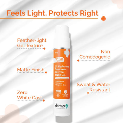The Derma Co 1% Hyaluronic Sunscreen Oil-Free Matte Gel SPF 50 PA++++ | For Oily, Acne-Prone Skin | Lightweight Texture | No White Cast | Broad Spectrum Protection & Blue Light Protection | Non- Comedogenic 50g