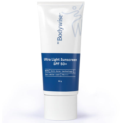 Be Bodywise Ultra Light Sunscreen SPF 50 PA+++ for Oily, Dry, Acne-prone Skin | Broad Spectrum Protection & Blue Light Protection | No White Cast | Non-Greasy | Korean Anti-Acne Technology | Water & Sweat Resistant | Ultra Lightweight Texture | 50g