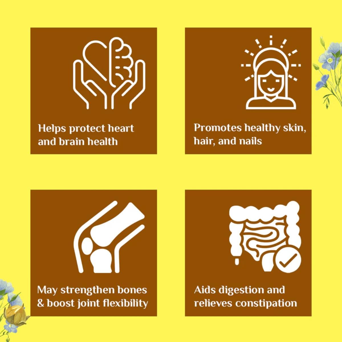 Four icons with health benefits on a yellow background