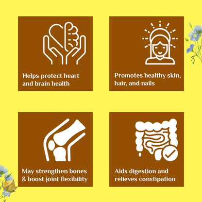 Four icons with health benefits on a yellow background
